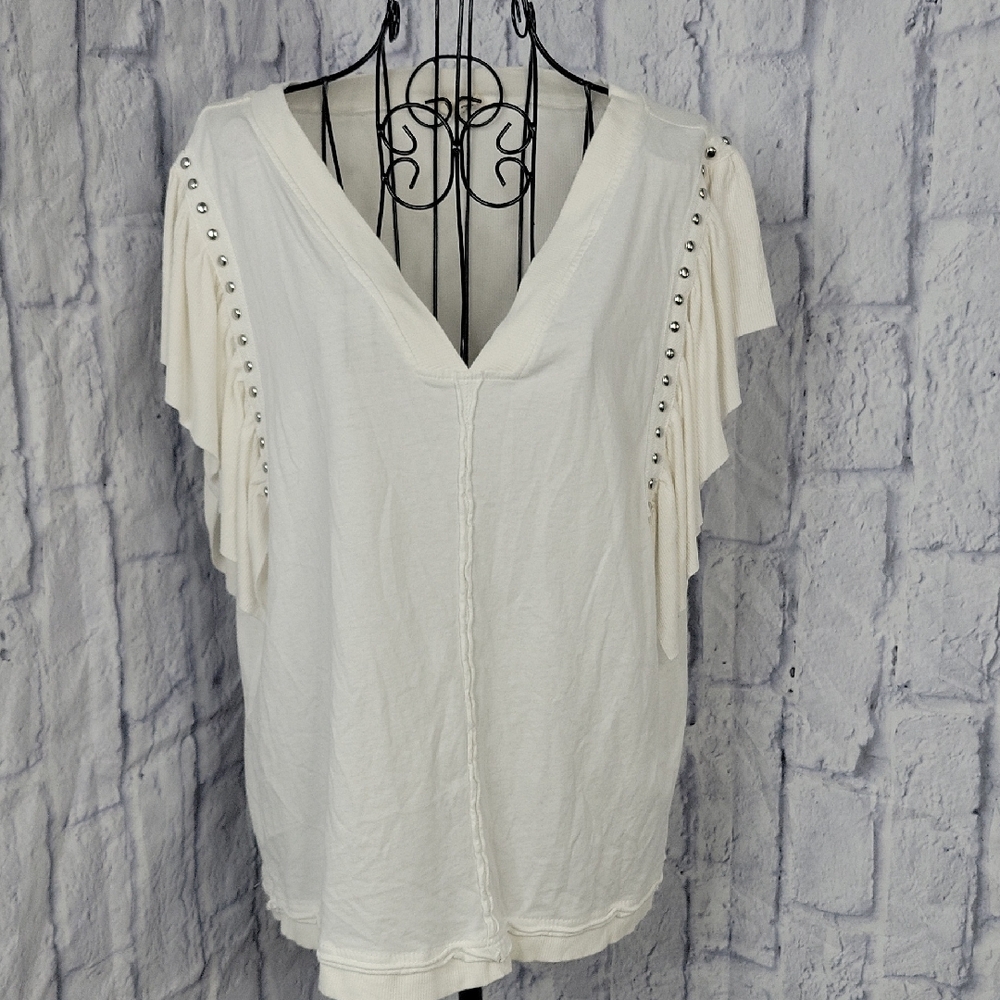 POL White Boho Top Medium Studded V Neck Oversized Blouse